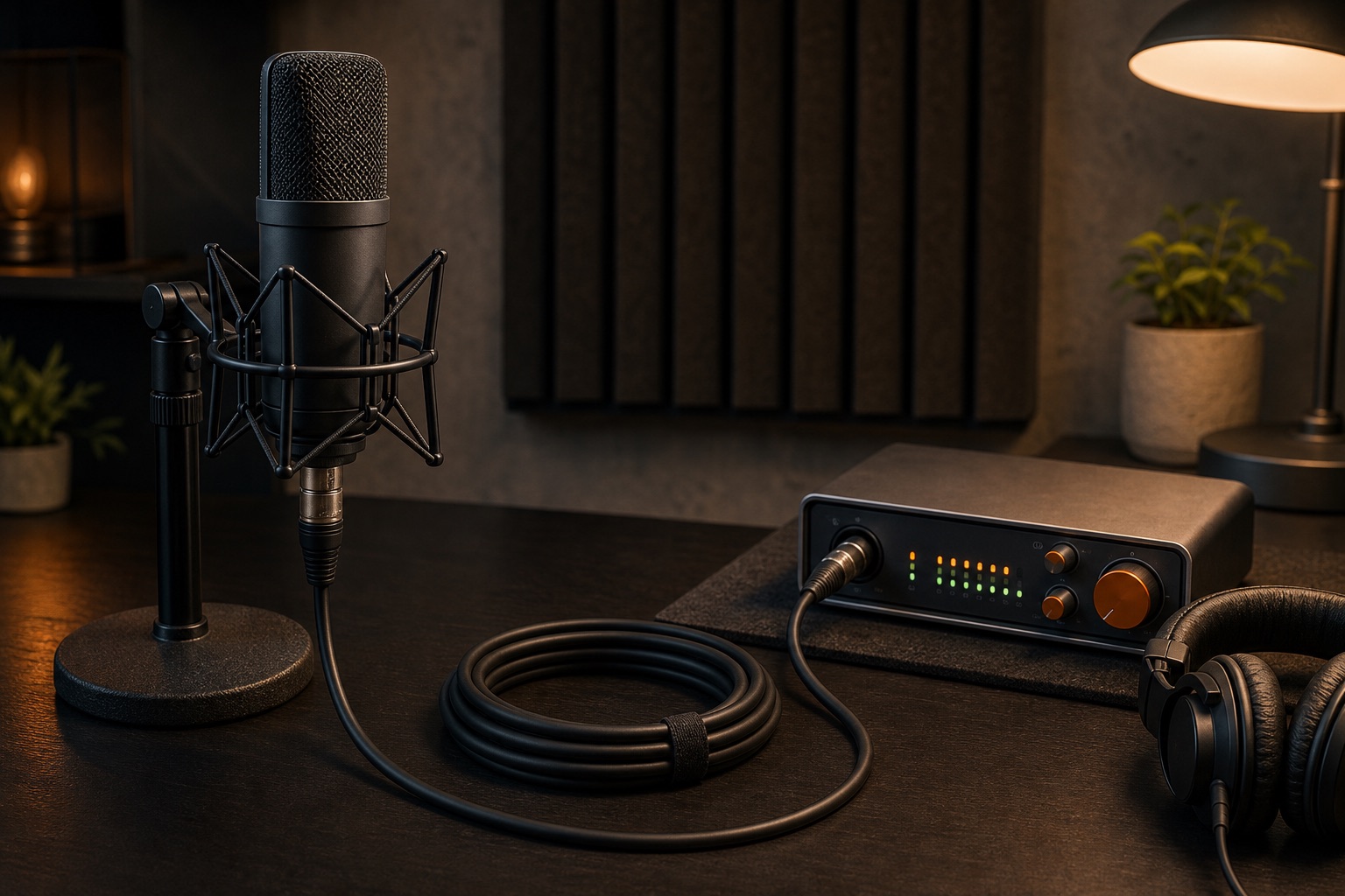 An original microphone signal path with a cable, audio interface, and headphones