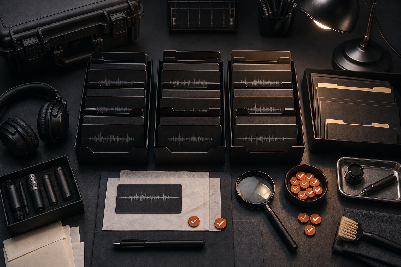 An original top-down pack inspection workbench with audio waveform cards