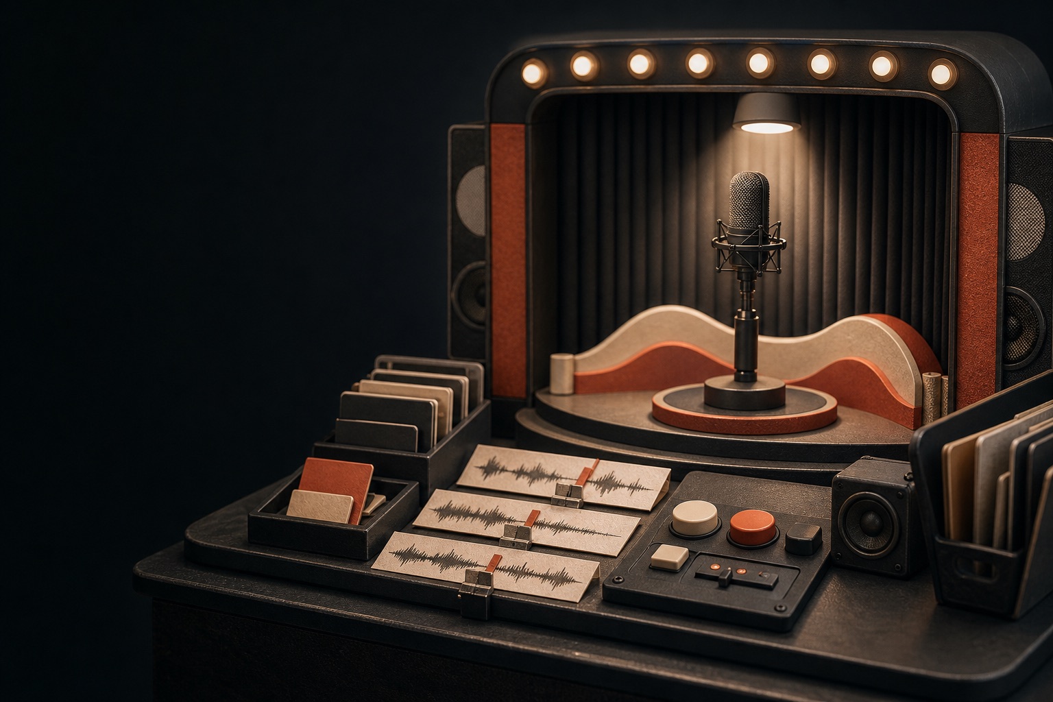 An original miniature voice audition stage with a studio microphone and waveform cards